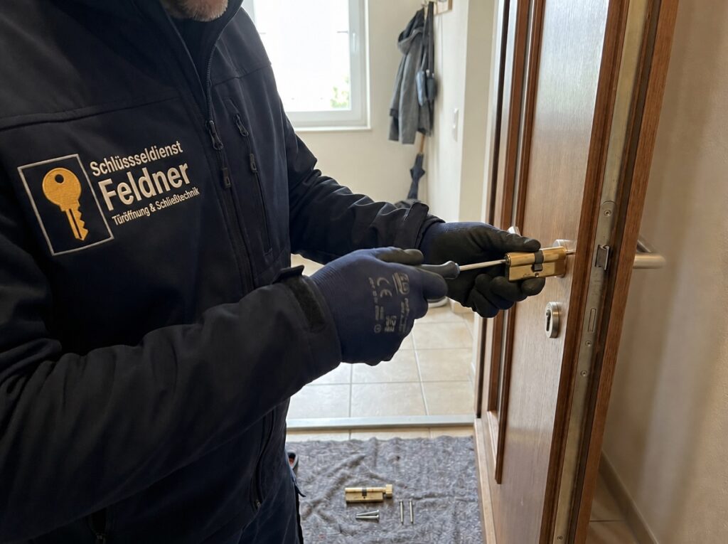 Schlüsseldienst wechselt einen Schließzylinder an einer Wohnungstür